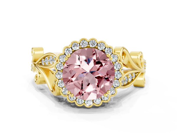 Yellow gold Round Cut Morganite Halo Ring with Vintage Split Shank and Four-Prong Setting
