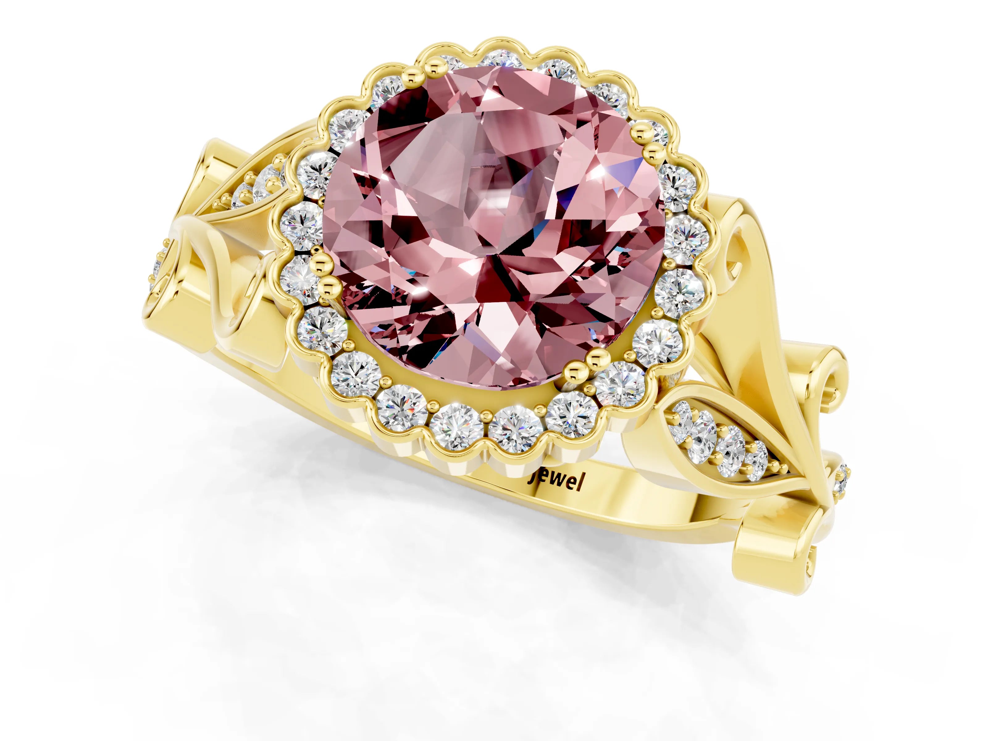 Yellow gold Round Cut Morganite Halo Ring with Vintage Split Shank and Four-Prong Setting_21