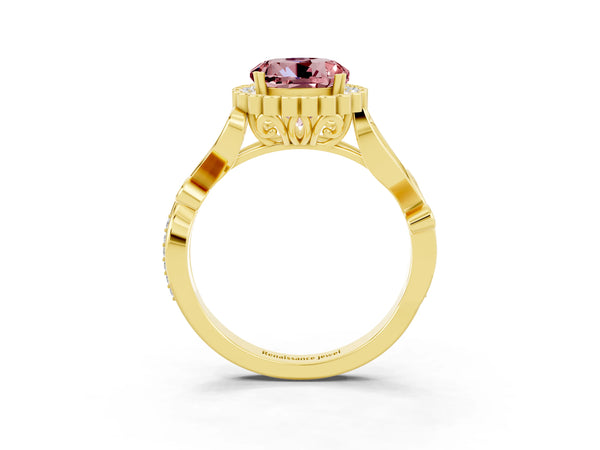 Yellow gold Round Cut Morganite Halo Ring with Vintage Split Shank and Four-Prong Setting