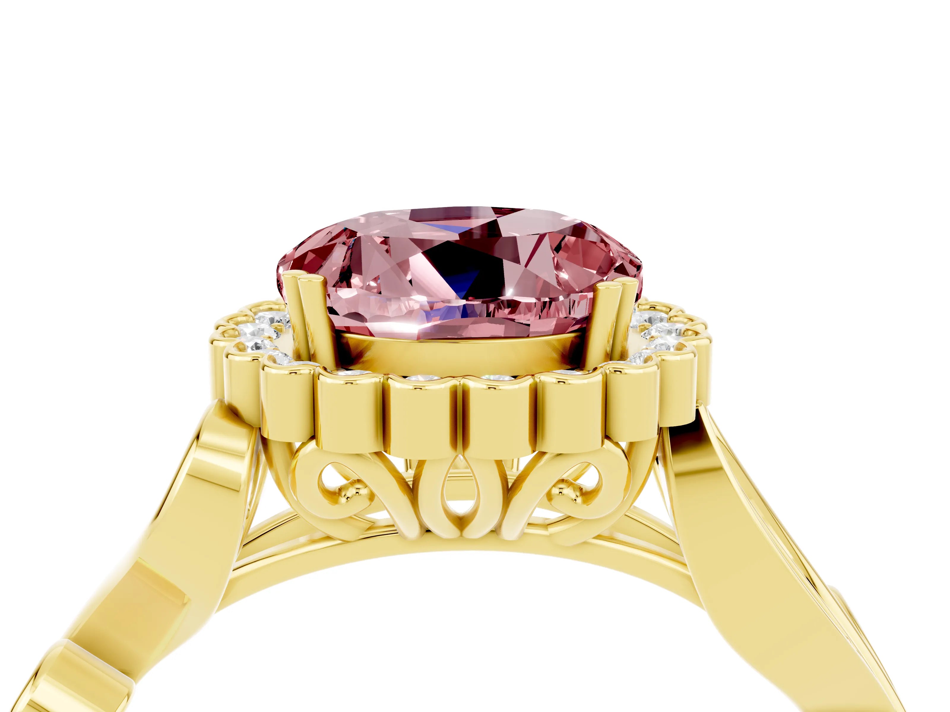 Yellow gold Round Cut Morganite Halo Ring with Vintage Split Shank and Four-Prong Setting_24