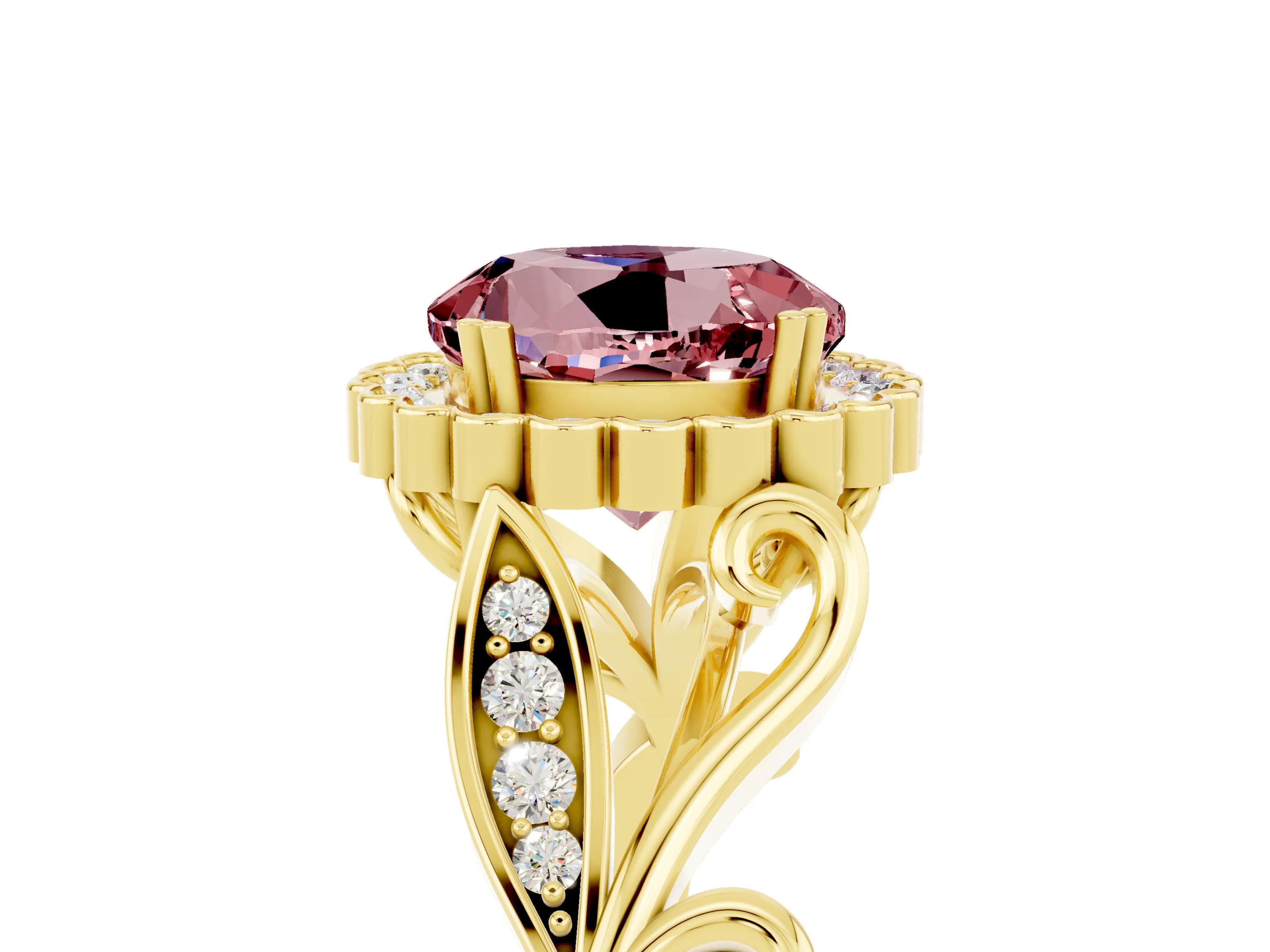 Yellow gold Round Cut Morganite Halo Ring with Vintage Split Shank and Four-Prong Setting_25