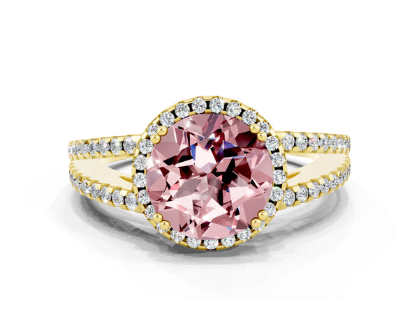 Yellow gold Round Cut Morganite Halo Split Shank Engagement Ring
