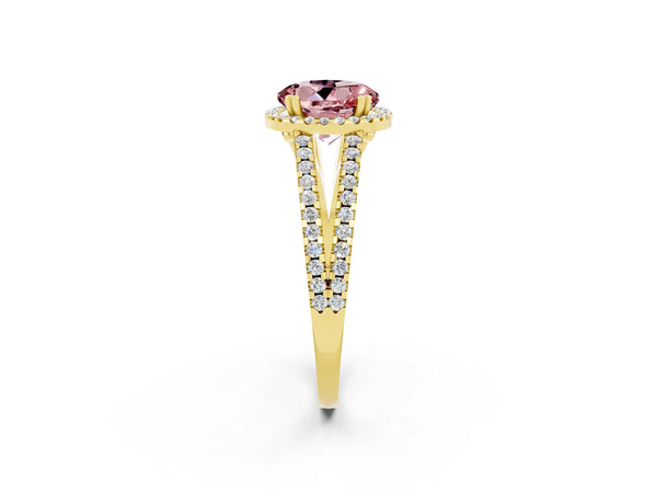 Yellow gold Round Cut Morganite Halo Split Shank Engagement Ring