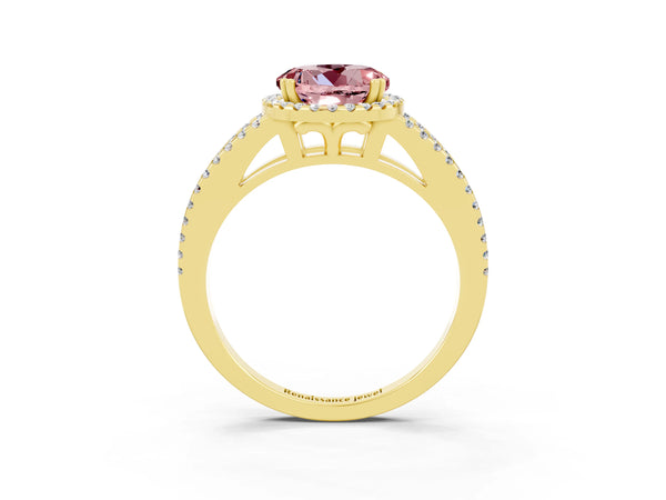 Yellow gold Round Cut Morganite Halo Split Shank Engagement Ring