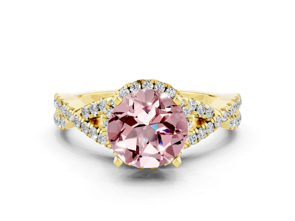 Yellow gold Round Cut Morganite  Halo Twist Band Solitaire Prong Setting Ring