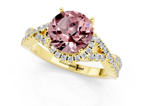 Yellow gold Round Cut Morganite Halo Twist Band Solitaire Prong Setting Ring_1