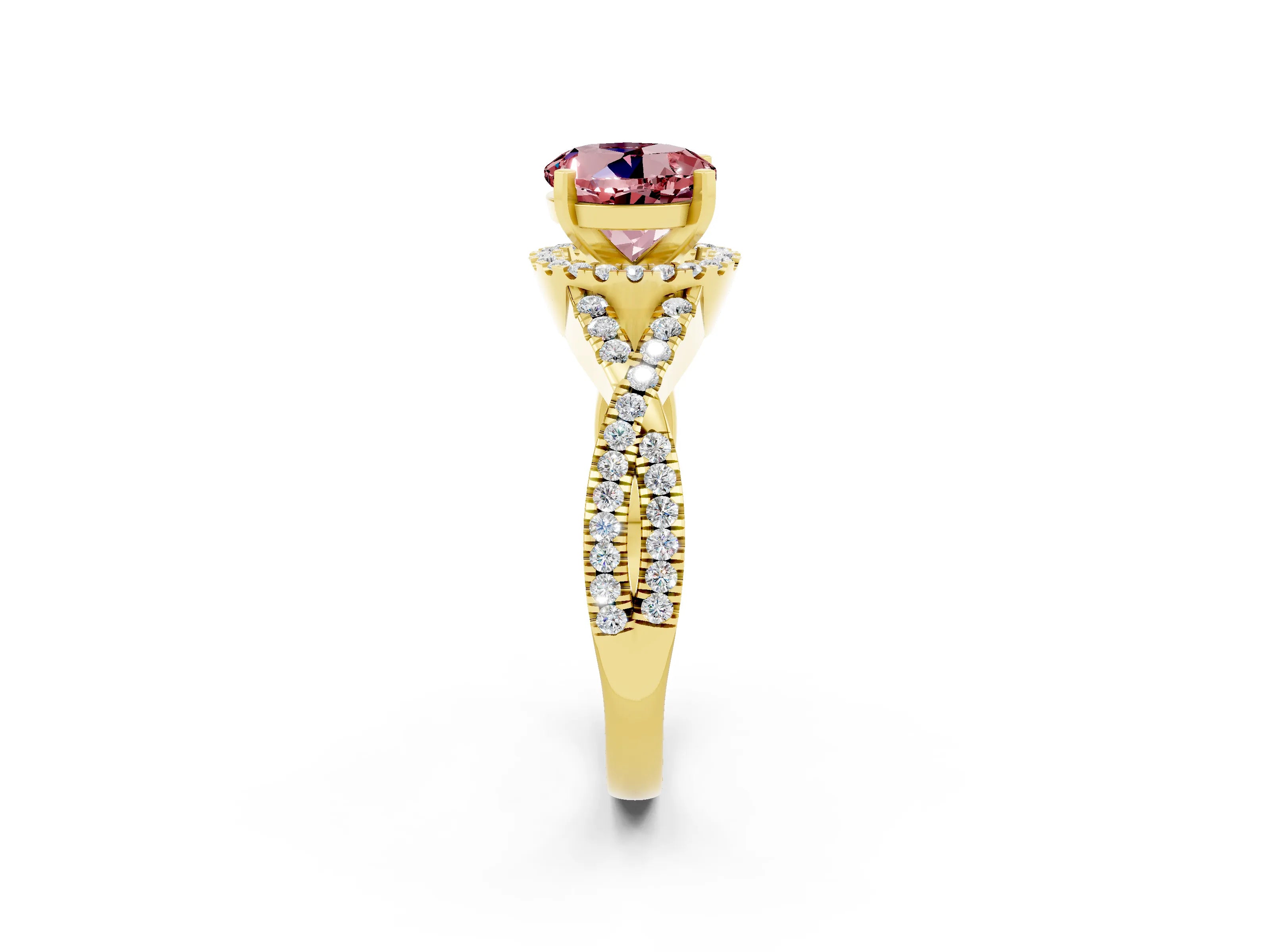 Yellow gold Round Cut Morganite Halo Twist Band Solitaire Prong Setting Ring_2