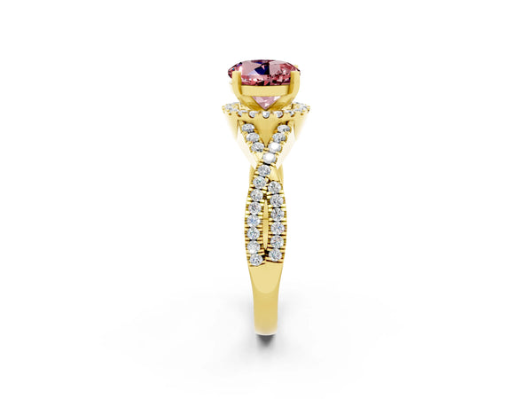 Yellow gold Round Cut Morganite  Halo Twist Band Solitaire Prong Setting Ring