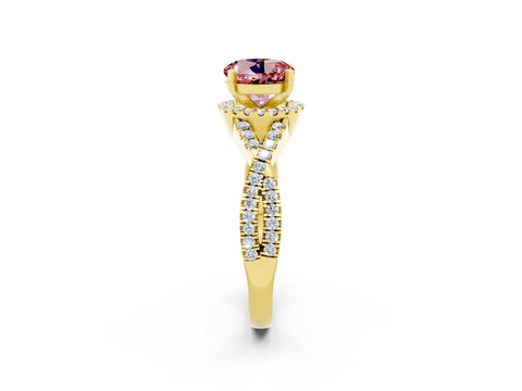 Yellow gold Round Cut Morganite Halo Twist Band Solitaire Prong Setting Ring_2