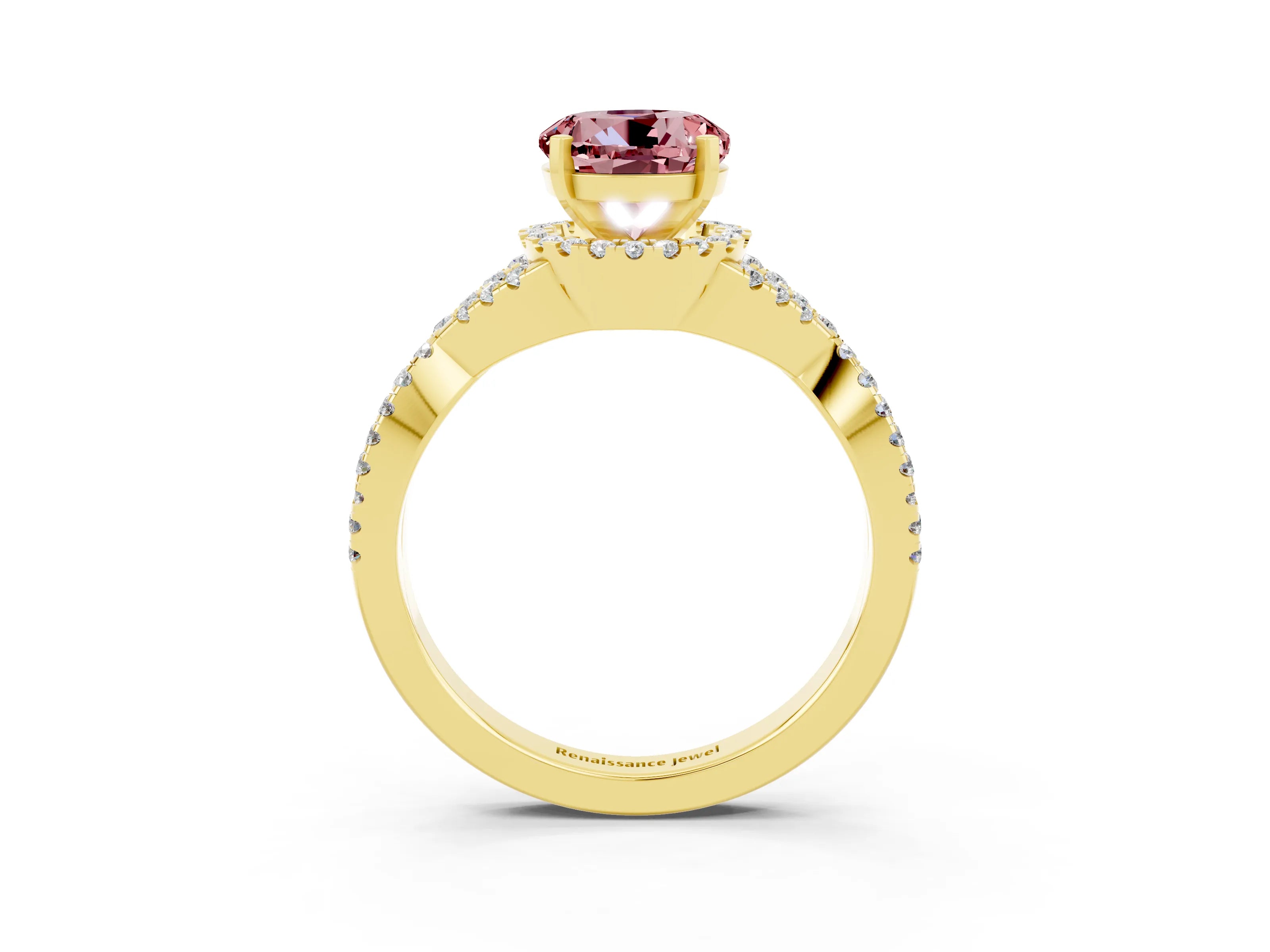 Yellow gold Round Cut Morganite Halo Twist Band Solitaire Prong Setting Ring_3