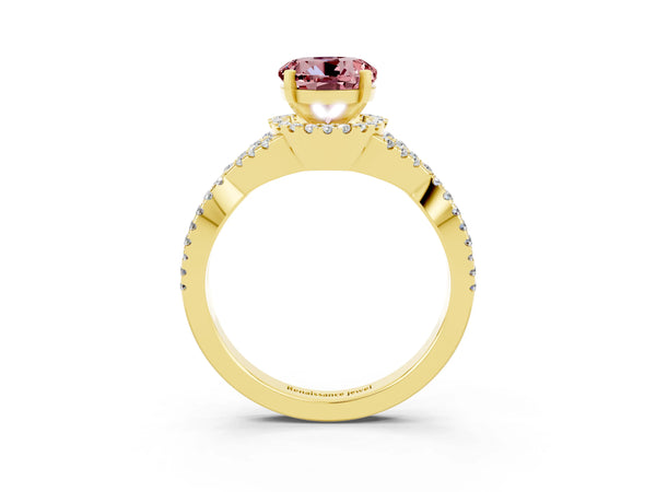 Yellow gold Round Cut Morganite  Halo Twist Band Solitaire Prong Setting Ring