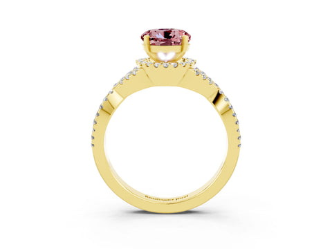 Yellow gold Round Cut Morganite Halo Twist Band Solitaire Prong Setting Ring_3