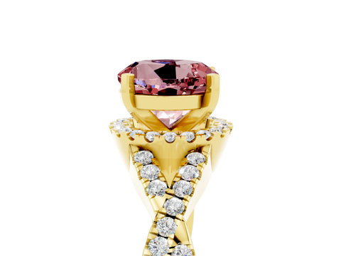 Yellow gold Round Cut Morganite Halo Twist Band Solitaire Prong Setting Ring_5