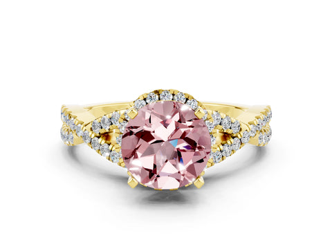 Yellow gold Round Cut Morganite Halo Twist Band Solitaire Prong Setting Ring