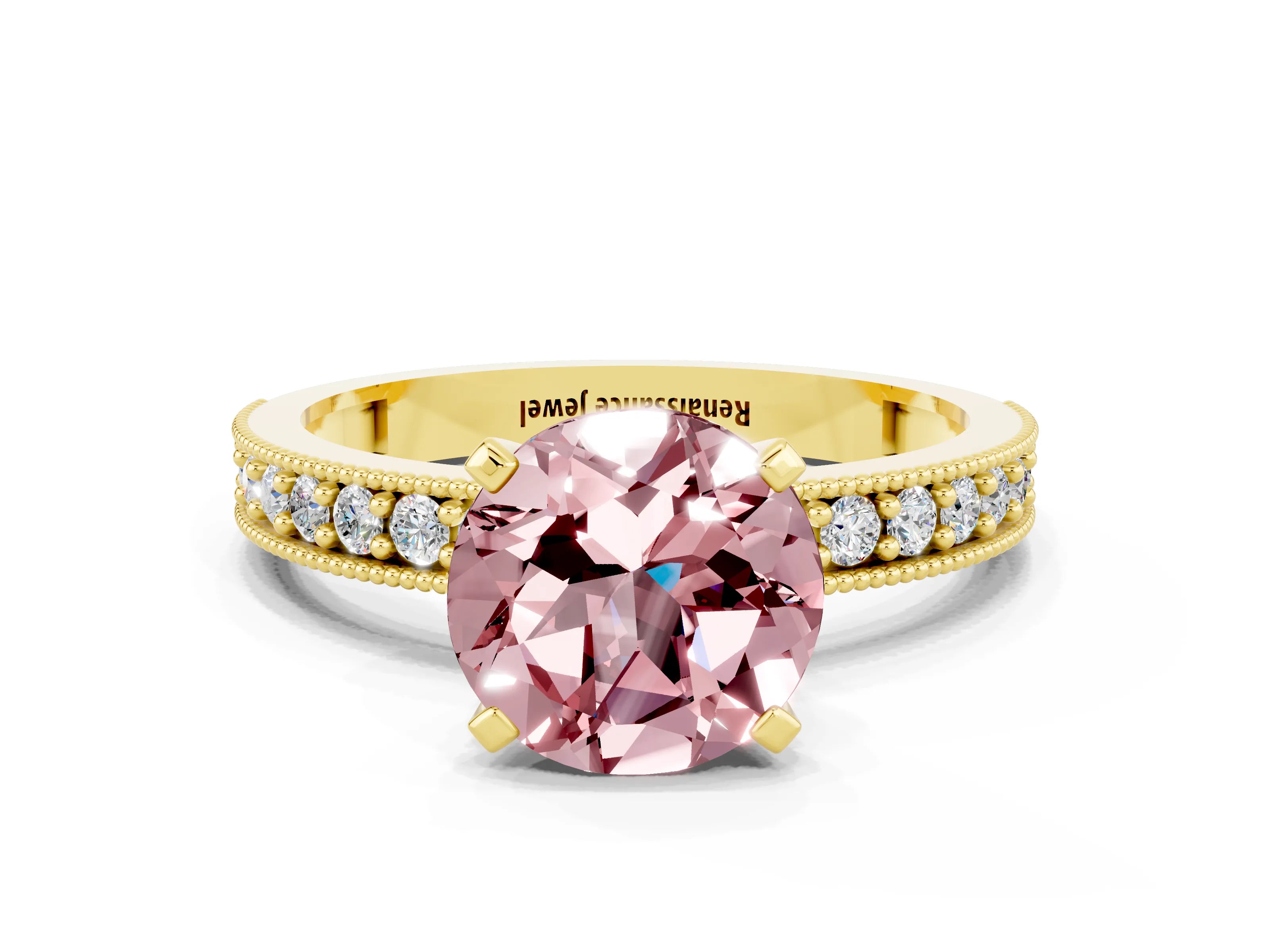 Yellow gold Round Cut Morganite Milgrain Pavé Engagement Ring with Four-Prong Setting