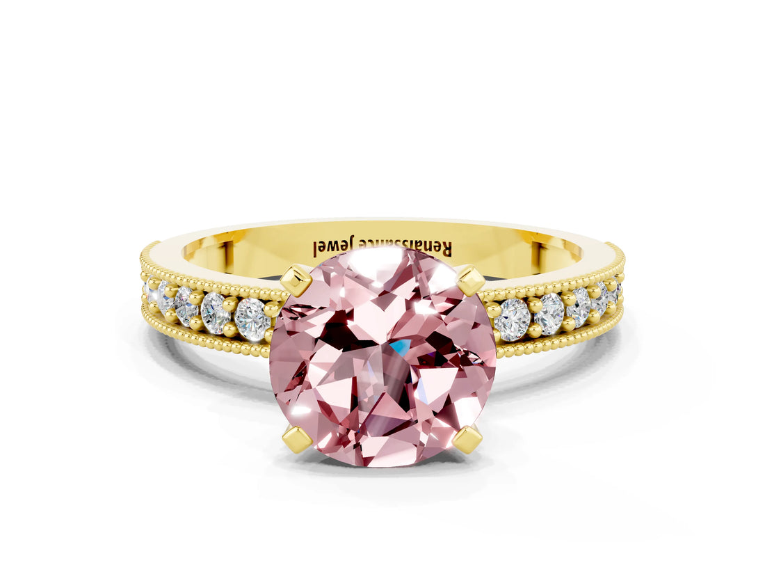 Yellow gold Round Cut Morganite Milgrain Pavé Engagement Ring with Four-Prong Setting