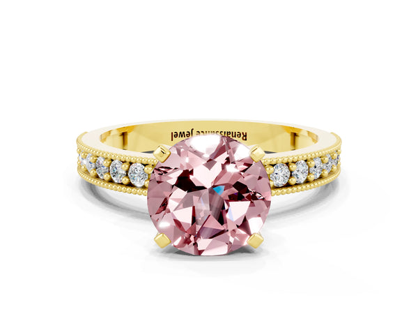 Yellow gold Round Cut Morganite Milgrain Pavé Engagement Ring with Four-Prong Setting