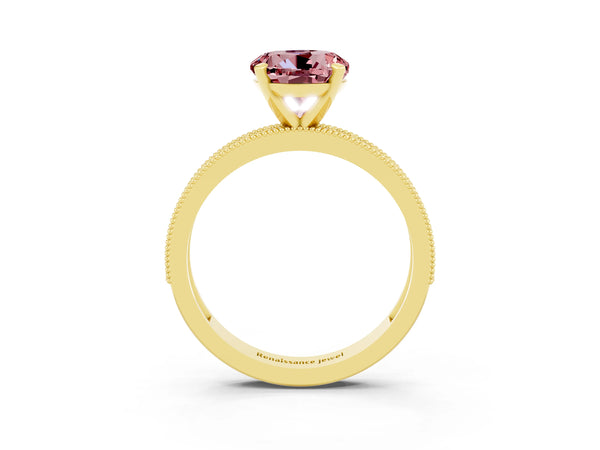 Yellow gold Round Cut Morganite Milgrain Pavé Engagement Ring with Four-Prong Setting