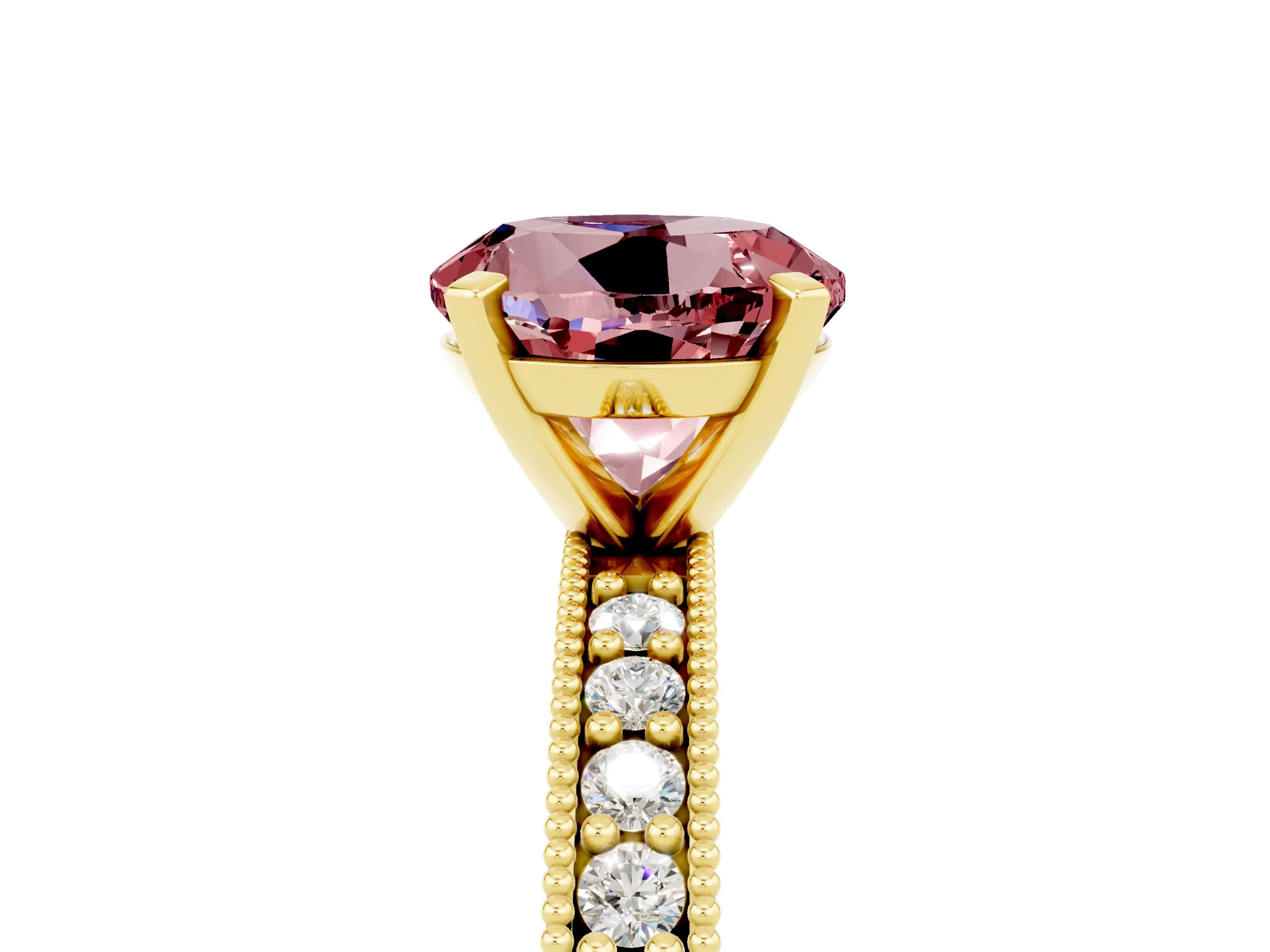 Yellow gold Round Cut Morganite Milgrain Pavé Engagement Ring with Four-Prong Setting_5