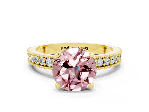 Yellow gold Round Cut Morganite Milgrain Pavé Engagement Ring with Four-Prong Setting