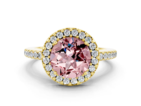 Yellow gold Round Cut Morganite Pavé Halo Ring with Four-Prong Setting