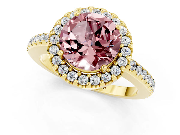 Yellow gold Round Cut Morganite Pavé Halo Ring with Four-Prong Setting