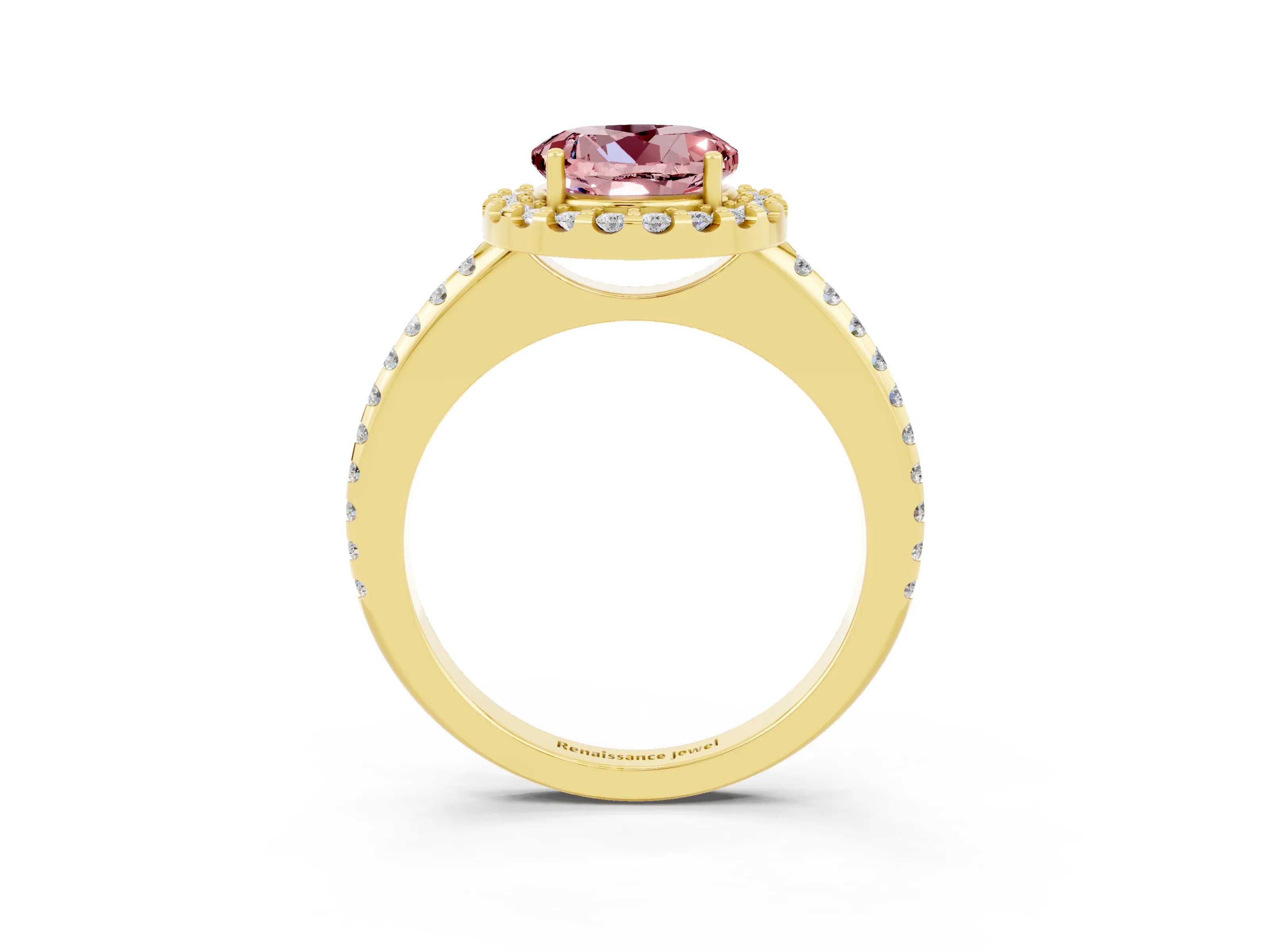 Yellow gold Round Cut Morganite Pavé Halo Ring with Four-Prong Setting_15