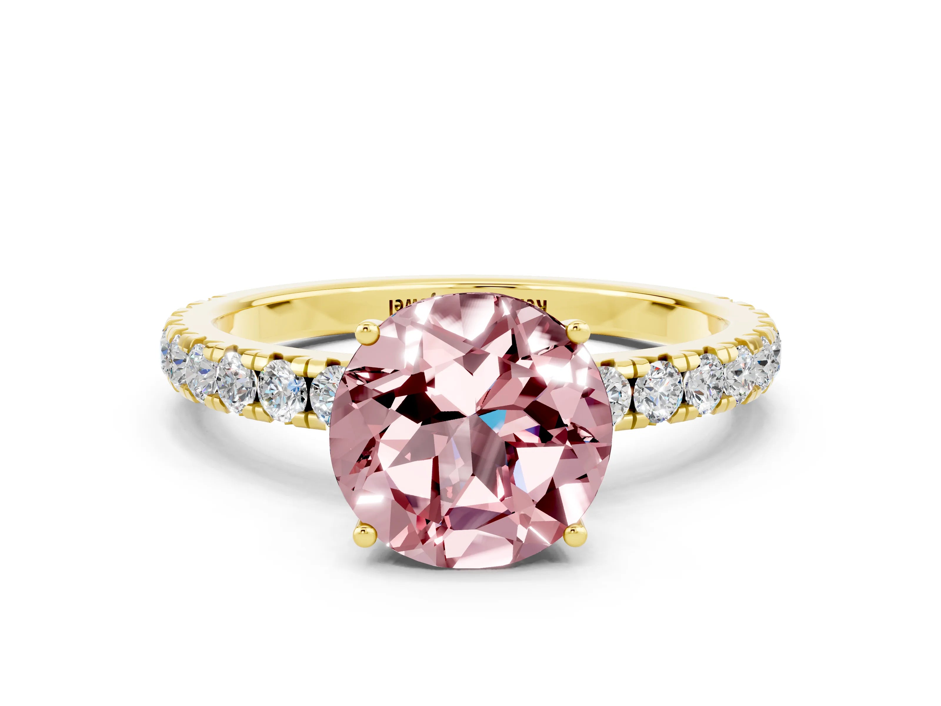 Yellow gold Round Cut Morganite Pavé Solitaire Engagement Ring with Four-Prong Setting_12