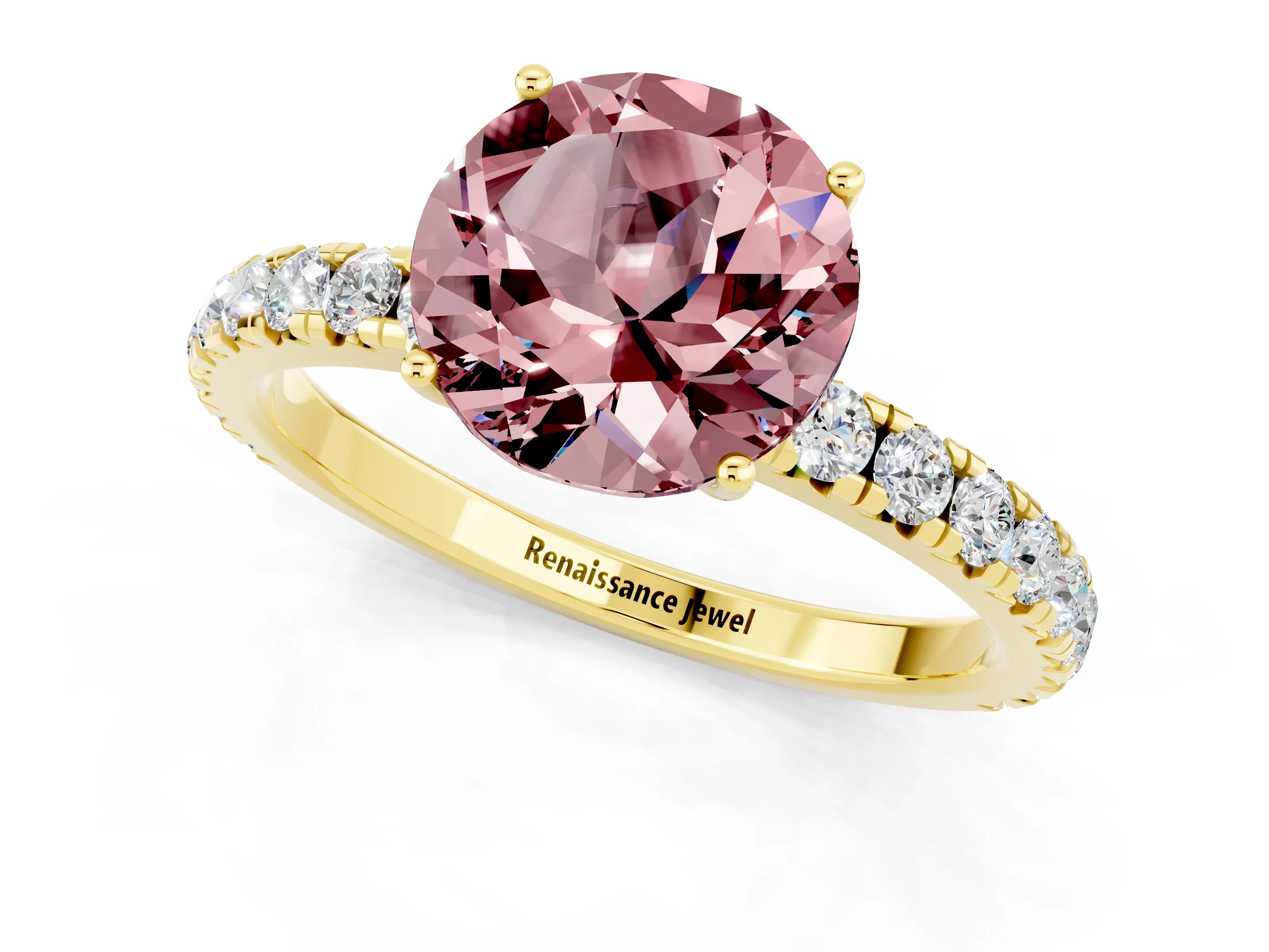 Yellow gold Round Cut Morganite Pavé Solitaire Engagement Ring with Four-Prong Setting_13