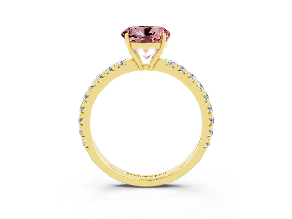 Yellow gold Round Cut Morganite Pavé Solitaire Engagement Ring with Four-Prong Setting