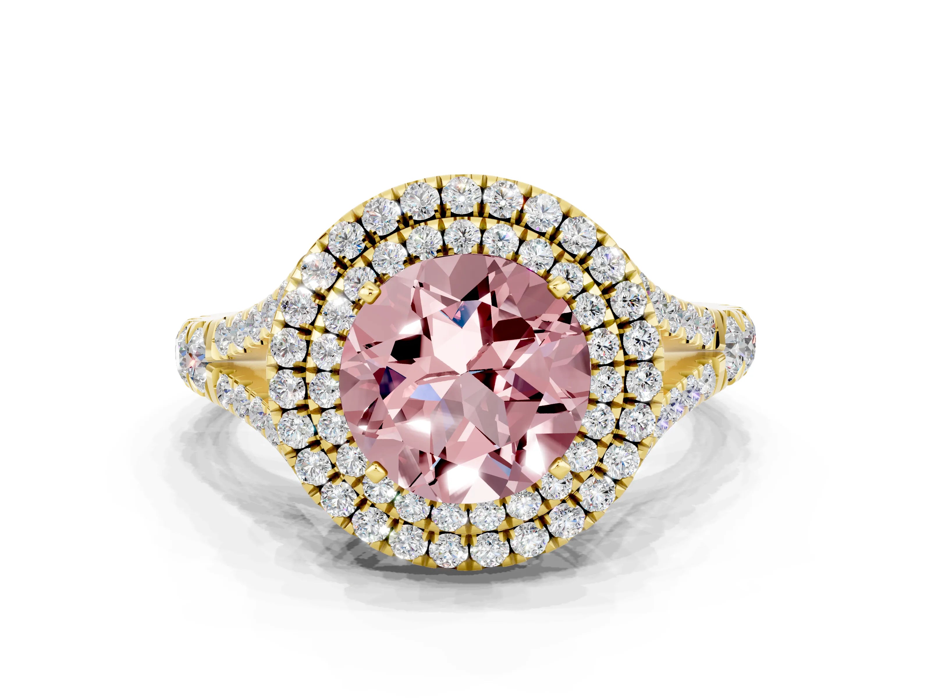 Yellow gold Round Cut Morganite Pavé Split Shank Double Halo Engagement Ring