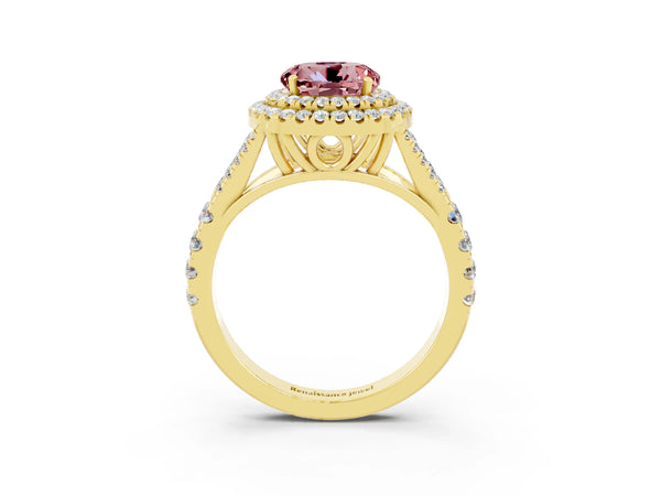 Yellow gold Round Cut Morganite Pavé Split Shank Double Halo Engagement Ring