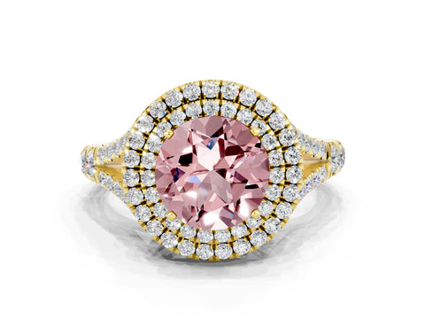 Yellow gold Round Cut Morganite Pavé Split Shank Double Halo Engagement Ring
