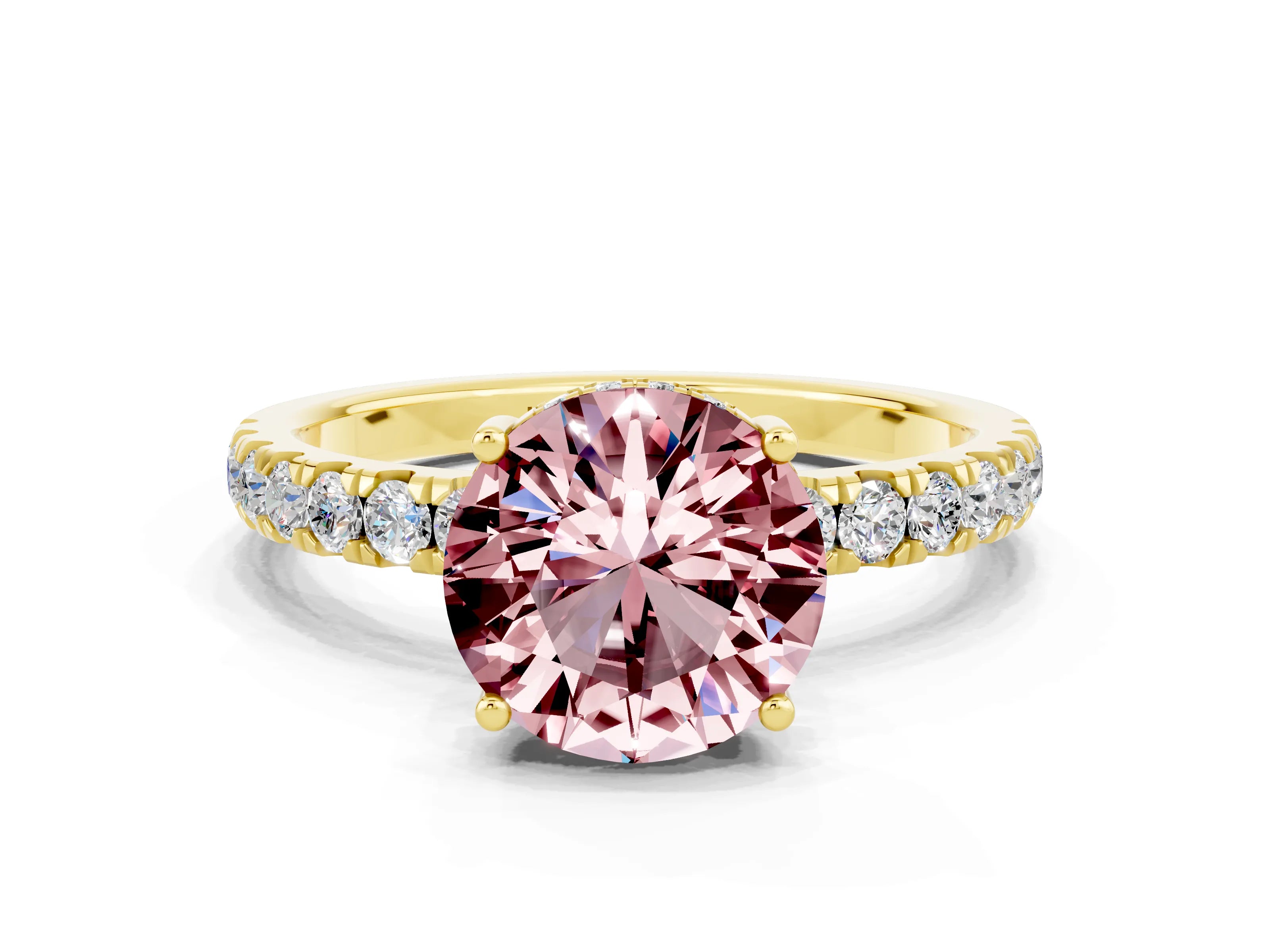 Yellow gold Round Cut Morganite Pave Band Solitaire Ring with Four-Prong Setting_24
