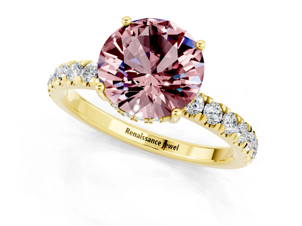 Yellow gold Round Cut Morganite Pave Band Solitaire Ring with Round  and Prong Setting