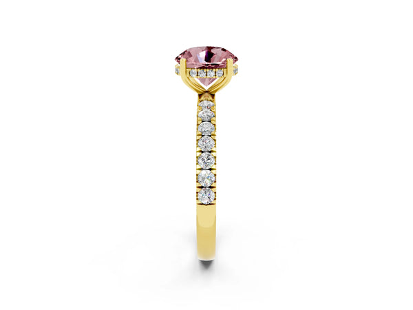 Yellow gold Round Cut Morganite Pave Band Solitaire Ring with Round  and Prong Setting