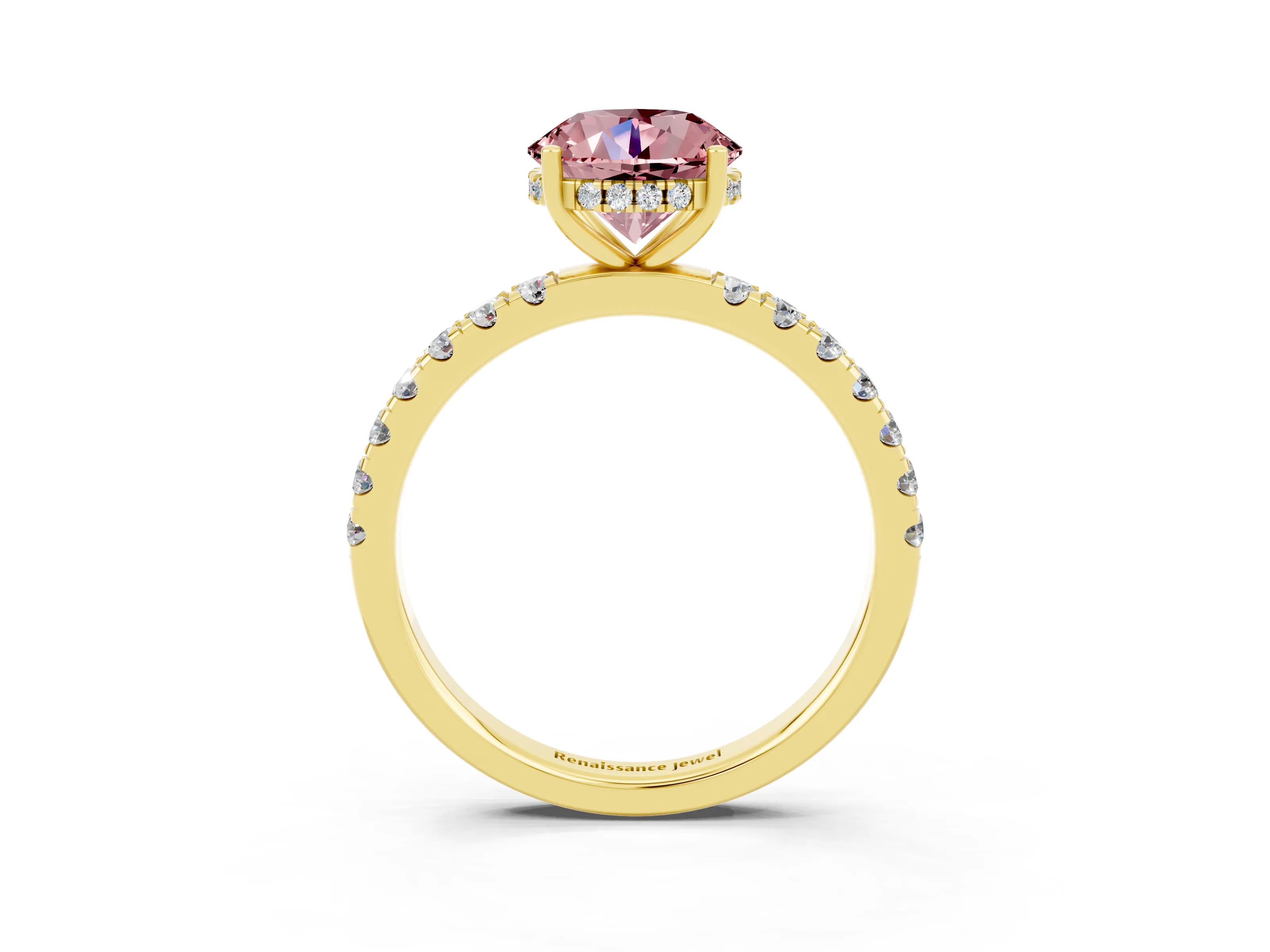 Yellow gold Round Cut Morganite Pave Band Solitaire Ring with Four-Prong Setting_27