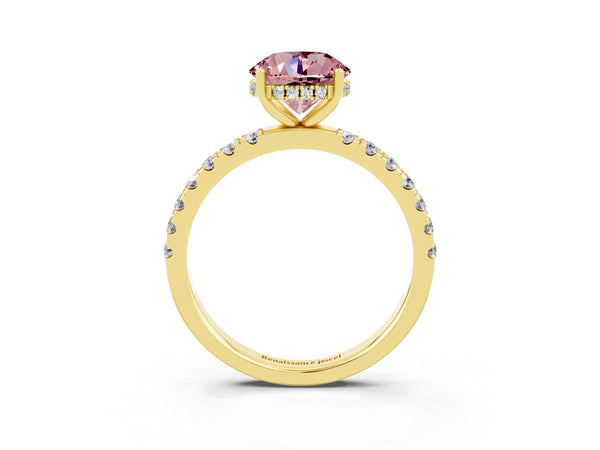 Yellow gold Round Cut Morganite Pave Band Solitaire Ring with Round  and Prong Setting