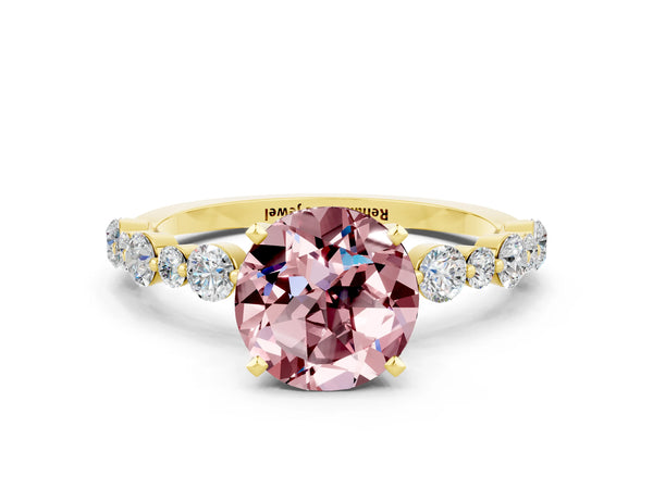 Yellow gold Round Cut Morganite Prong Set Engagement Ring with Pavé Band