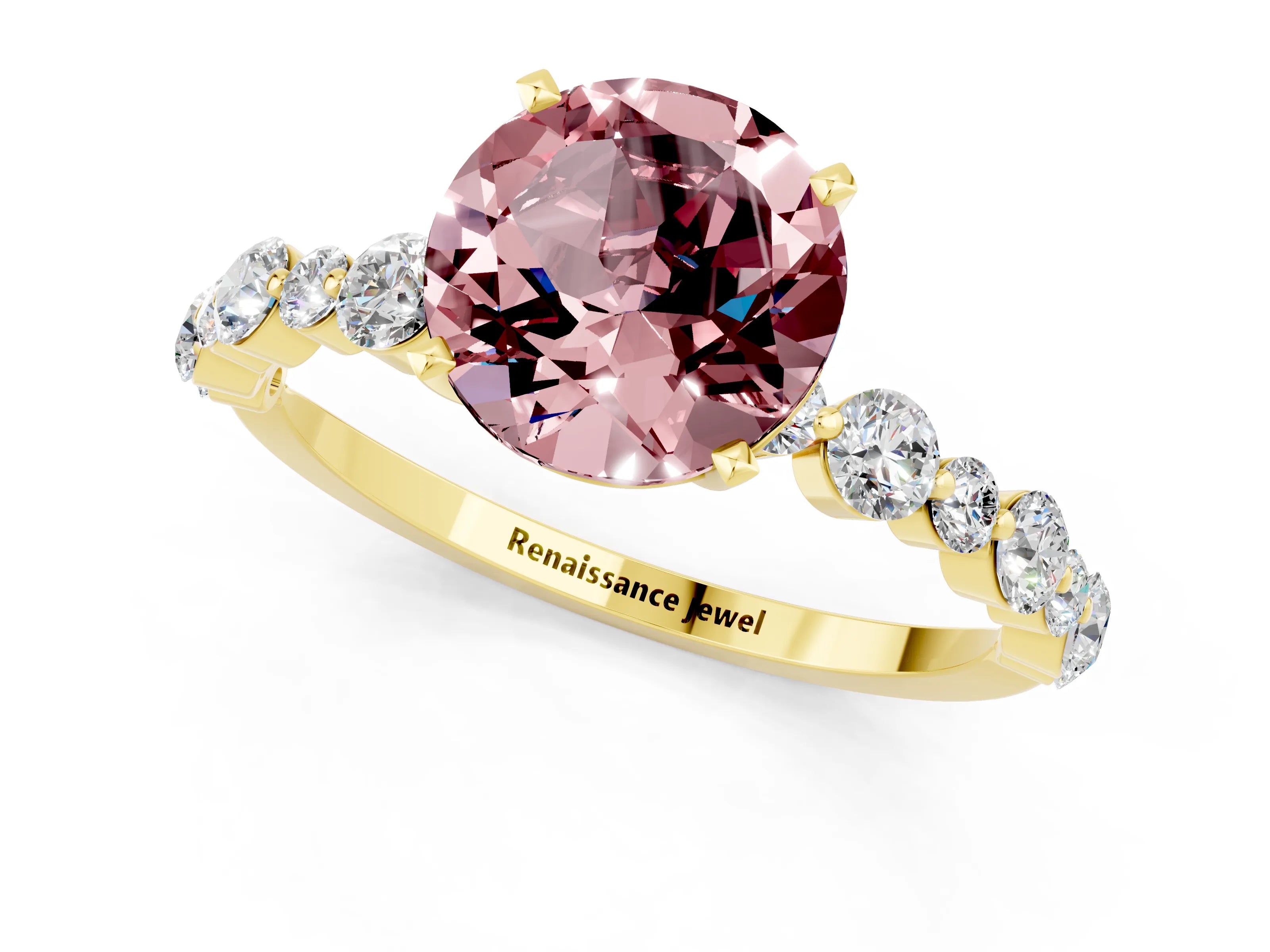 Yellow gold Round Cut Morganite Prong Set Engagement Ring with Pavé Band_1
