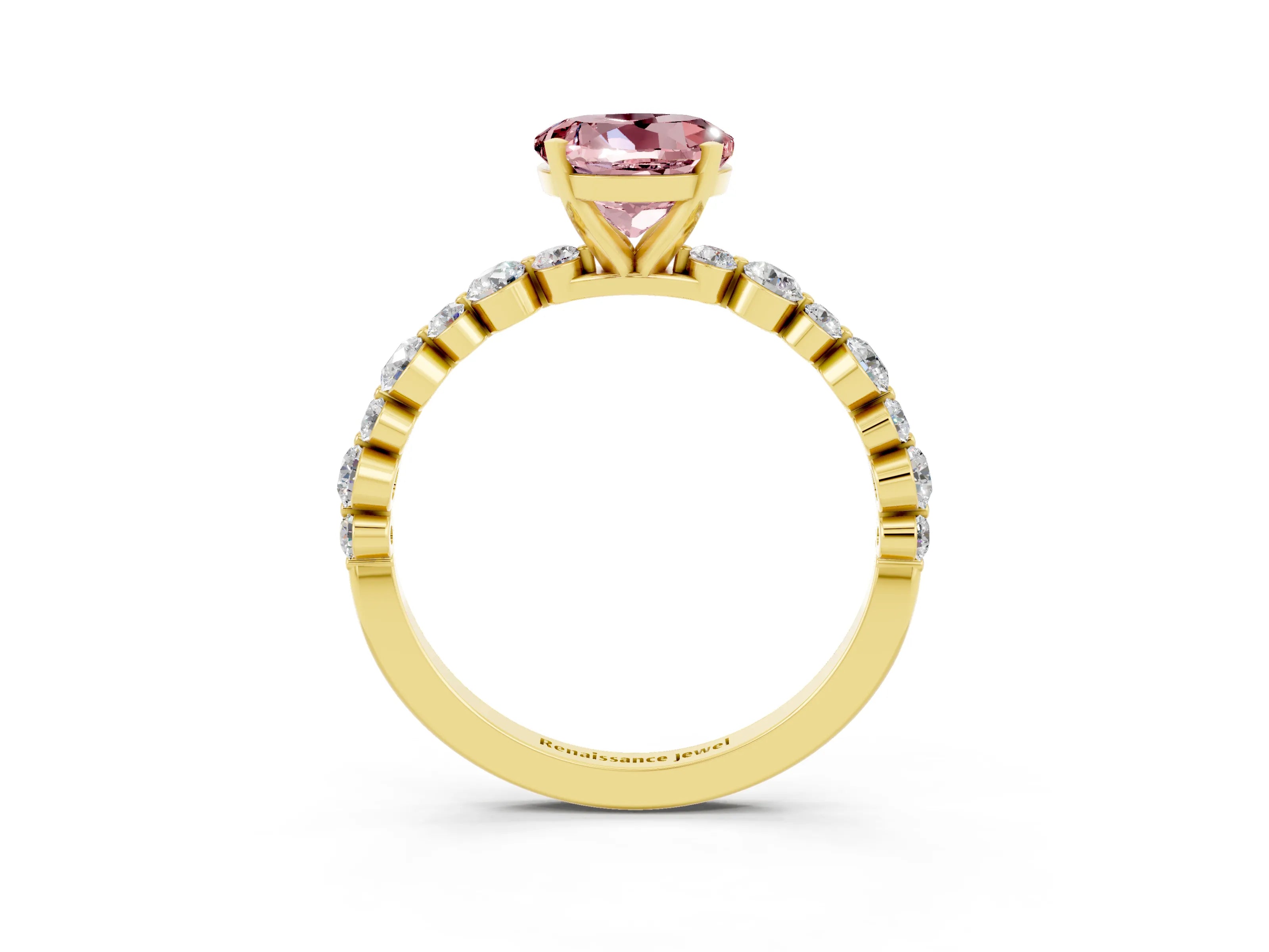 Yellow gold Round Cut Morganite Prong Set Engagement Ring with Pavé Band_3