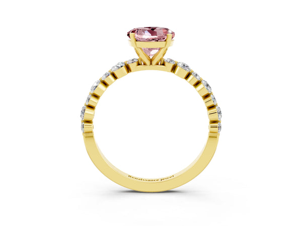 Yellow gold Round Cut Morganite Prong Set Engagement Ring with Pavé Band