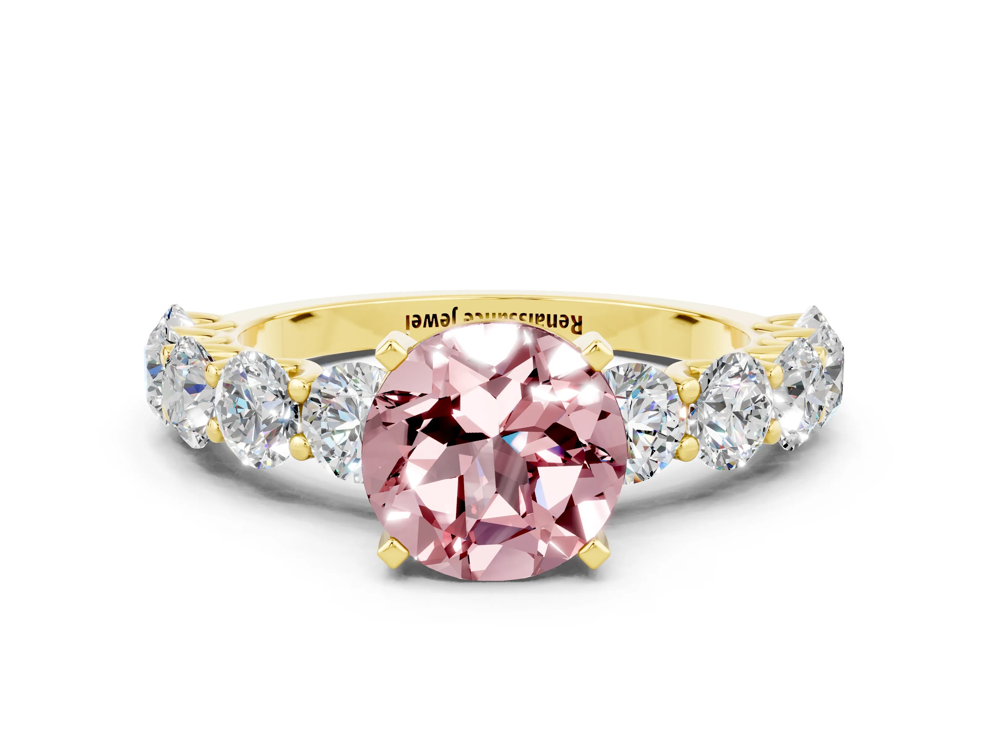 Yellow gold Round Cut Morganite Prong Setting with Side Stones on a Pave Band
