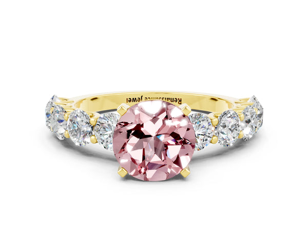 Yellow gold Round Cut Morganite Prong Setting with Side Stones on a Pave Band