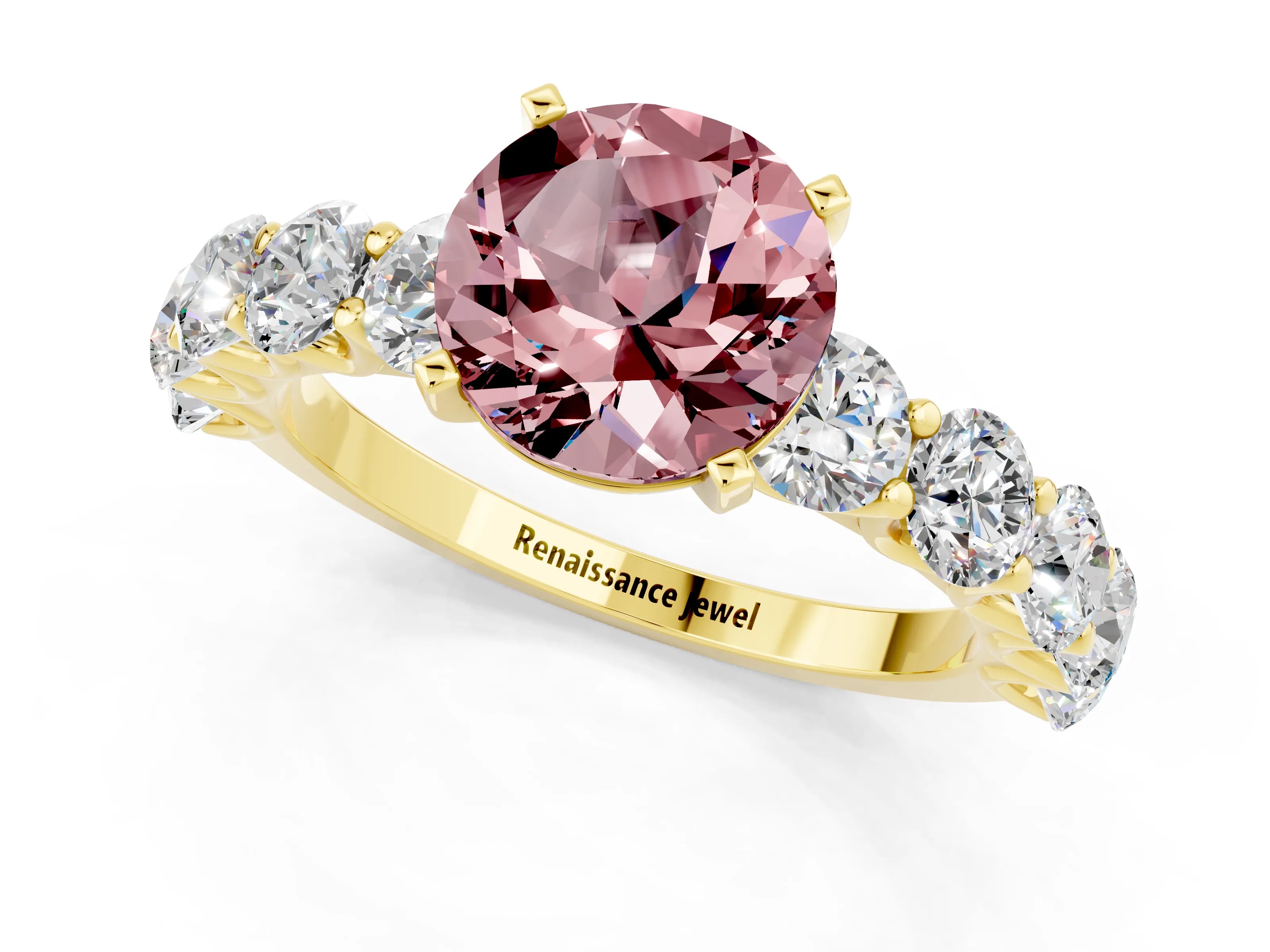 Yellow gold Round Cut Morganite Prong Setting with Side Stones on a Pave Band_1