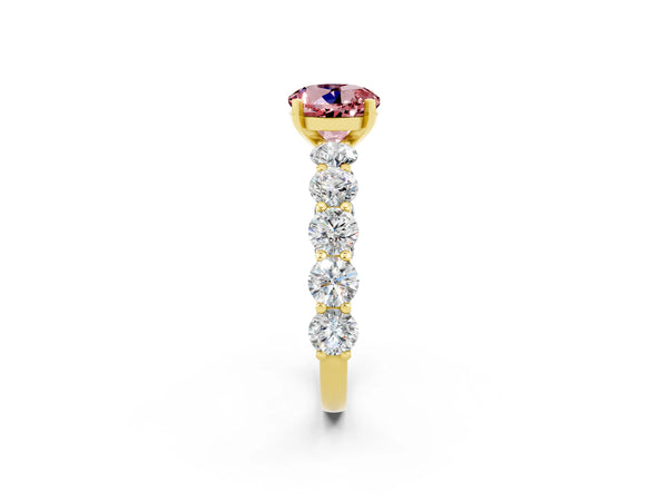 Yellow gold Round Cut Morganite Prong Setting with Side Stones on a Pave Band