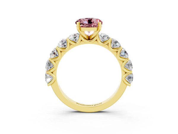 Yellow gold Round Cut Morganite Prong Setting with Side Stones on a Pave Band