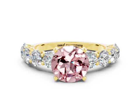 Yellow gold Round Cut Morganite Prong Setting with Side Stones on a Pave Band