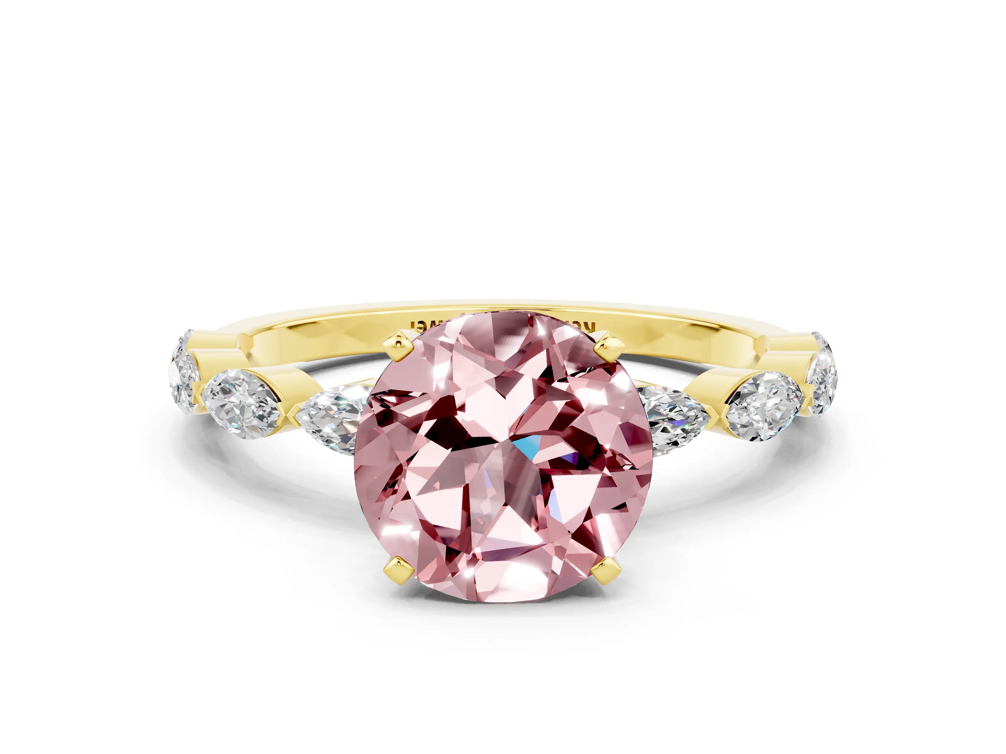 Yellow gold Round Cut Morganite Ring with Marquise Side Stones and Prong Setting
