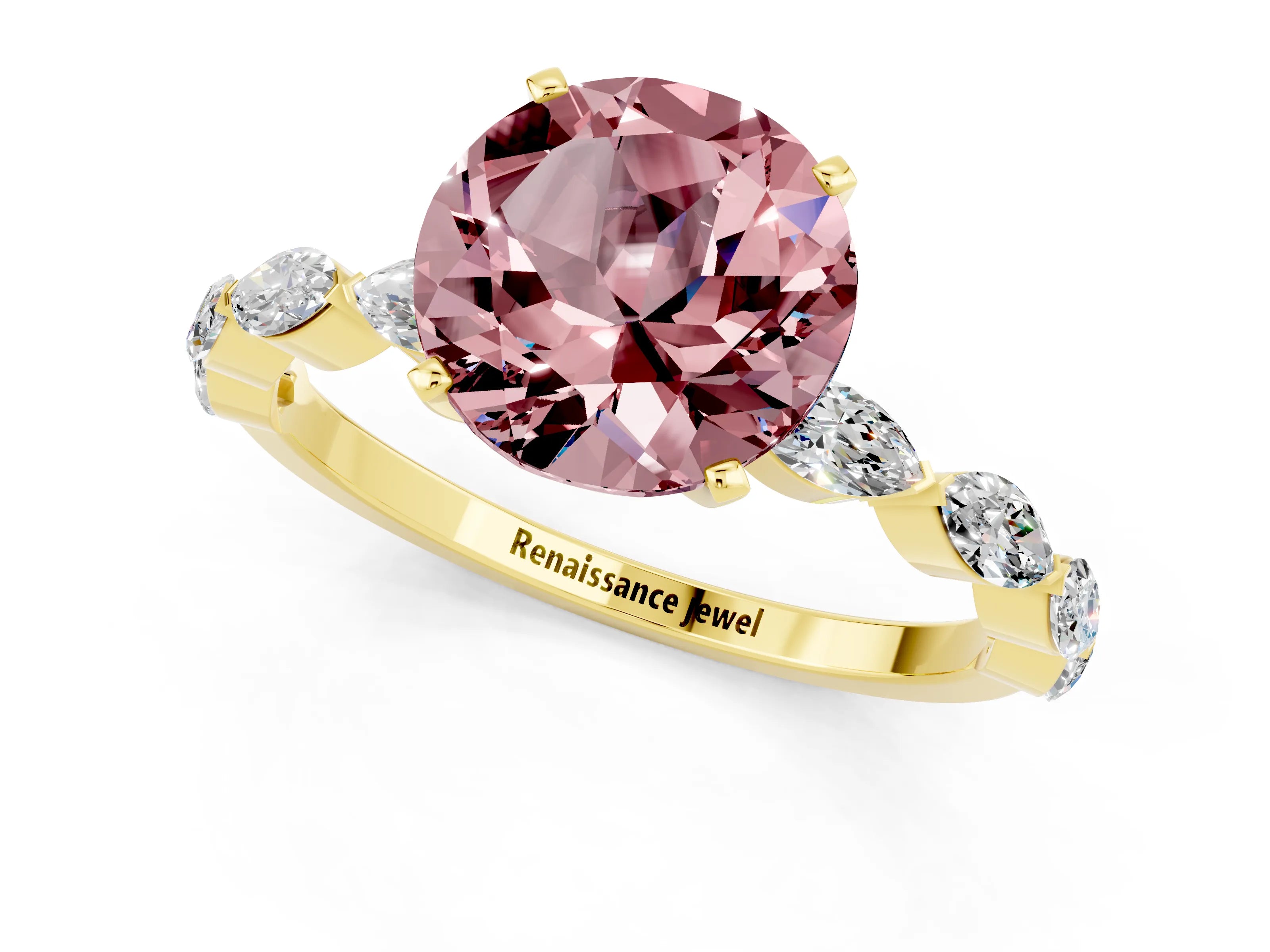Yellow gold Round Cut Morganite Ring with Marquise Side Stones and Prong Setting_1